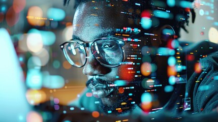 Digital Innovation in Business: Businessman Engrossed in Virtual Startup Ideas and Data Visualization on Laptop Screen, Generative Ai