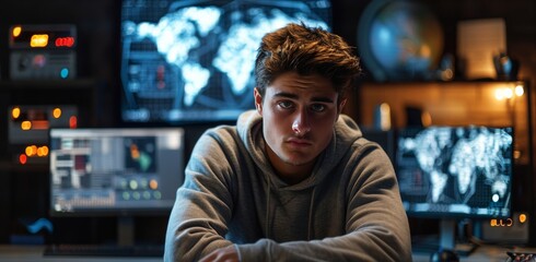 Fototapeta premium Young Man in Hoodie Working in Front of Multiple Computer Monitors With World Maps Displayed