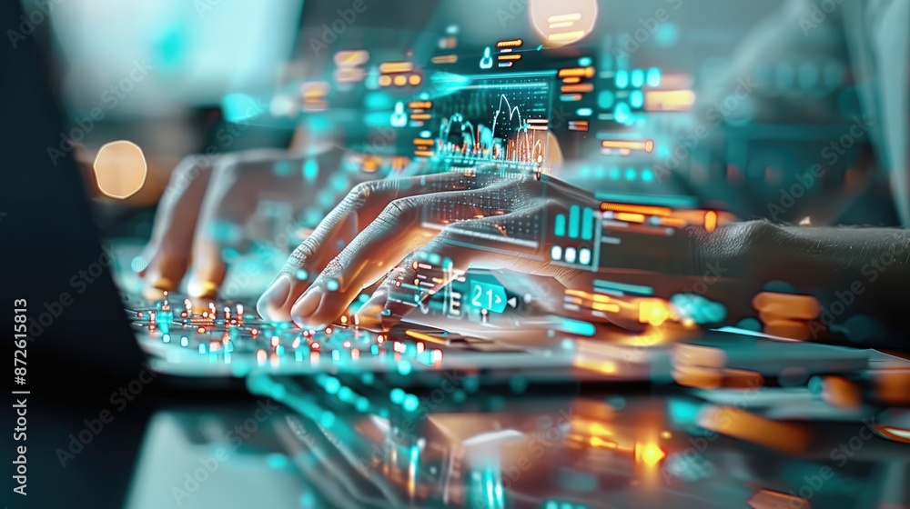 Poster data-driven success: business professional analyzing startup analytics on futuristic virtual display