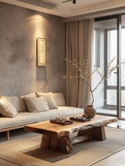 Minimalist living room with grey mixed walls Large wooden coffee table and sofa with Japanese-style dÃ©cor, beige pillows, natural wood elements, soft window lighting, calm atmosphere 4k 