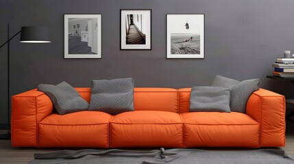 Modern interior design with a gallery wall of framed pictures on the grey walls above an orange sofa
