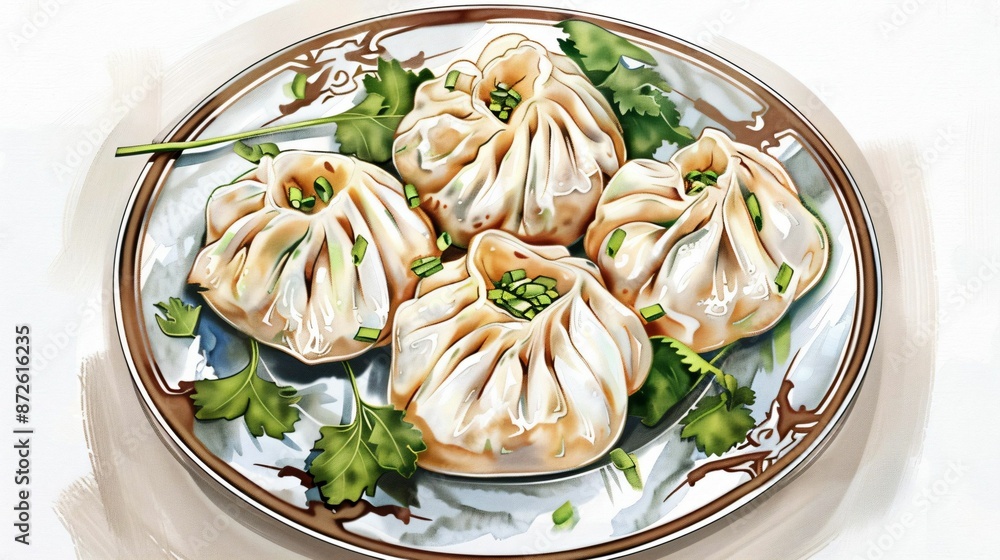 Sticker Illustration of a plate of dumplings garnished with fresh herbs on a decorative plate.