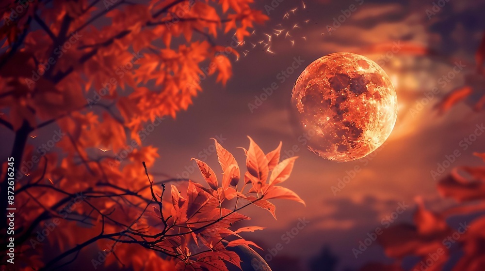 Canvas Prints A stunning autumn scene with red leaves and a full moon in the background.