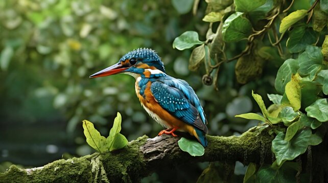 A Kingfisher is perched on a tree branch with lots of green leaves, contrasting with the color of its wings