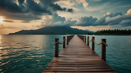 Obraz premium Landscape tropical sea with wooden dock bridge.