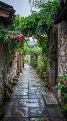 Chinese style ancient alley, surrounded by green plants and flowers, stone walls on both sides of the corridor have pink roses hanging down, slate road leading to distance, high definition photography