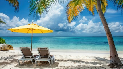 Obraz premium Tropical Beach Getaway with Yellow Umbrella