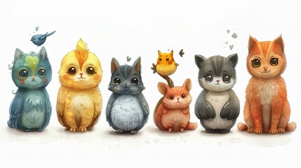 Fototapeta premium Doodle Style Cute Pets: Dog, Cat, Bird, Fish, Rabbit, Rat, Turtle Collection