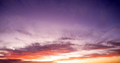 Sunset clouds are gathering. Panoramic sunrise or sunset sky with clouds. Sunset Sky on Twilight in the Evening with Sunset. Cloud Nature Sky Backgrounds. Sky Sunrise, Dusk clouds.