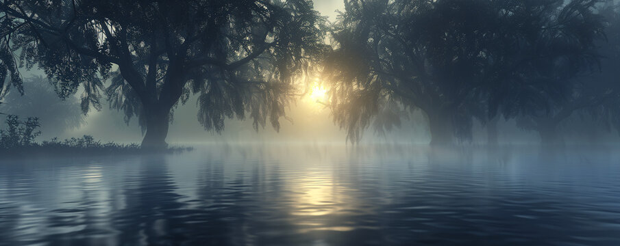 Foggy lagoon at dawn, with mist rolling over the water and silhouettes of trees emerging from the gloom