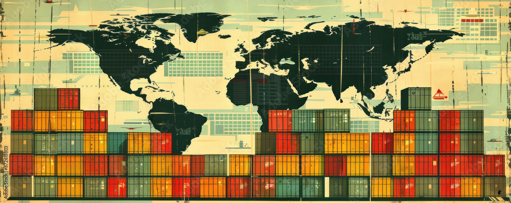 Poster a colorful map of the world with a large stack of containers on the right side. concept of global tr
