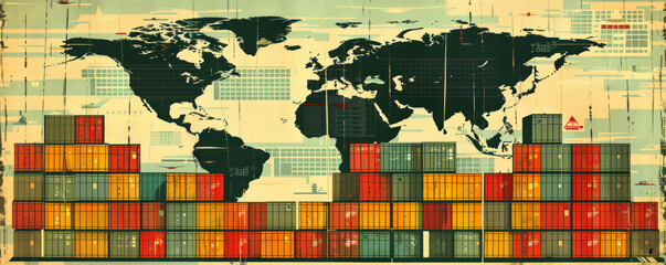 Naklejka premium A colorful map of the world with a large stack of containers on the right side. Concept of global trade and commerce, with the containers representing the movement of goods across the world