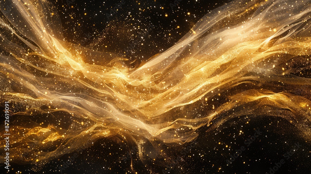 Poster dynamic golden light waves blend with radiant particles on a dark backdrop, creating a mesmerizing c