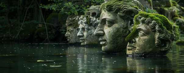 Fototapeta premium Lagoon with ancient stone statues emerging from the water, partially submerged and covered in moss