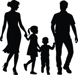 mother father and childs walking silhouette on white background