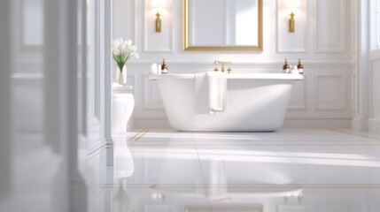 Fototapeta premium White bathtub in modern bathroom with gold accents and natural light.