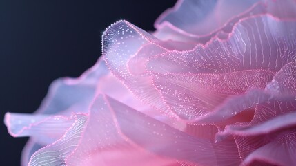 Minimalist X-ray close-up of translucent peony petals, dark silk backdrop, dramatic backlighting, glowing effect, enhancing softness, dramatic and voluminous.
