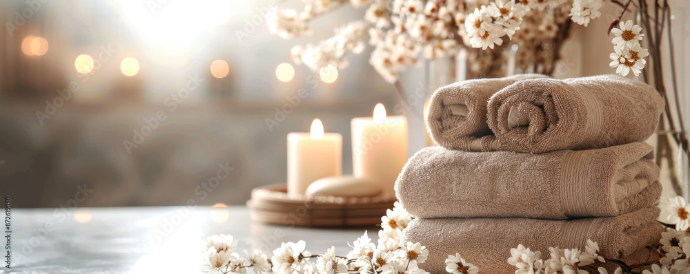 Poster a stack of towels is on a table next to candles and flowers. concept of relaxation and tranquility, 