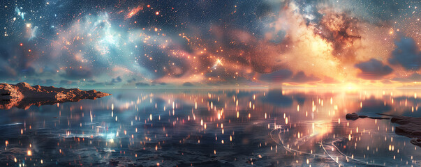 Fototapeta premium Desert lagoon at night, with the Milky Way stretching across the sky and the water mirroring the stars