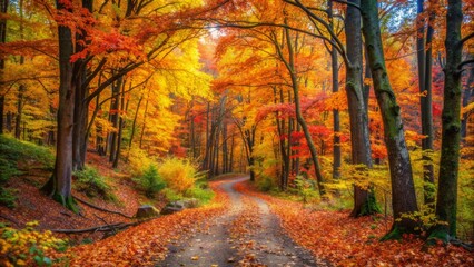 Vibrant autumn foliage surrounds serene forest trail, lined with rustic trees, fallen leaves, and overgrown underbrush, evoking sense of adventure.
