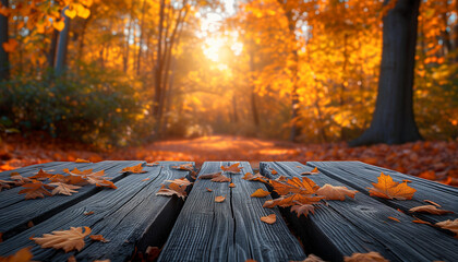 The empty wooden table, scene, top with blur background, unfocused lights. View of autumn forest, Sunny light, yellow. Copy space