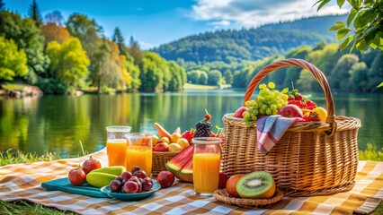 Colorful picnic blanket, wicker basket, and refreshing drinks arranged on lush green grass beneath a serene tree canopy.