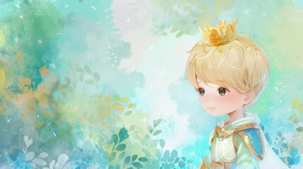 Fototapeta premium Artistic watercolor image of a young cute boy prince, adorned with a golden crown, on a pastel background.