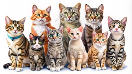 Whimsical assortment of adorable felines showcasing varied postures playful expressions colorful tails curled ears sitting standing lounging sleeping.