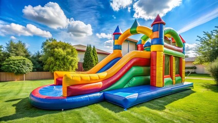Vibrant inflatable water slide and bouncy castle combo for kids' backyard entertainment on a crisp, clear white background.