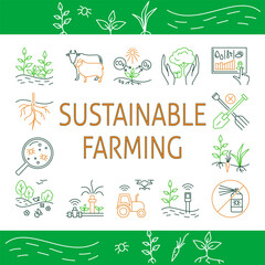 Sustainable farming poster in line style. Organic agriculture concept. Vector illustration.