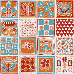 Seamless geometric pattern. Pottery craft. The tile is painted and glazed. Handmade. Ornament in the style of patchwork. Vector illustration.