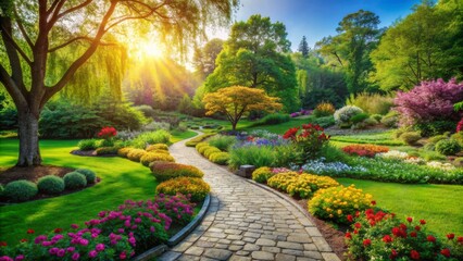 Fototapeta premium Serene sunny afternoon landscape of a lush green park with a winding stone path and vibrant blooming flowers everywhere.