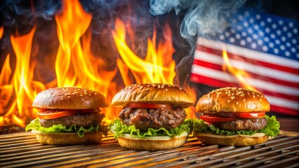 Patriotic outdoor scene featuring sizzling hamburgers on a grill in front of a large waving national flag backdrop.