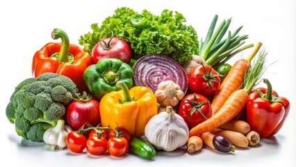Assorted colorful fresh vegetables, including tomatoes, carrots, broccoli, and leafy greens, arranged artfully on a clean white background.