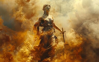 Statue of Justice with sword and scales, surrounded by golden smoke.