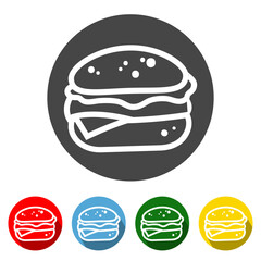 Burger Flat Icon Long Shadow. Burger icon vector illustration design element with four color variations. Burger Icon with Long Shadow. Burger Icon flat design. Elements for design. Single layer.