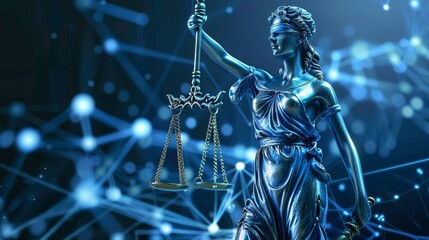 Lady Justice statue with scales of justice and blindfold, surrounded by digital network.