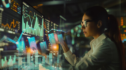 Professional businesswoman working on a project together in the office Using economic growth charts and network connections to accompany the data. in analyzing future trends