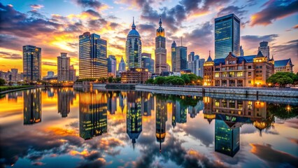 Fototapeta premium Moody dawn breaks over majestic skyscrapers, modern glass towers, and ancient stone facades, harmoniously intertwined in a vibrant cityscape tapestry.