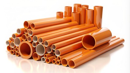Vibrant orange PVC pipes in various sizes and angles, isolated on a white background, showcasing textured 3D illustration details.