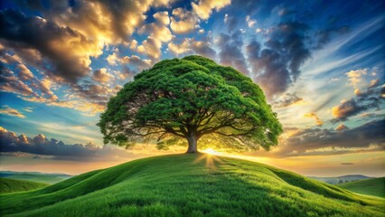 Serenely majestic solitary tree crowns lush emerald hill, symmetrical branches stretching towards radiant sky, evoking peaceful solitude and nature's beauty.