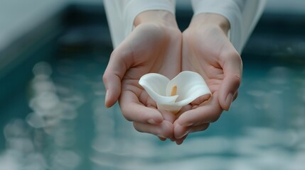 Full bloom calla lily in hands, front view against a soft-focus water garden backdrop, gentle reflections, evoke purity, elegant and tranquil composition.