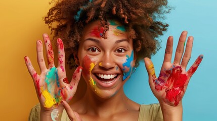 A woman with colorful paint on her face is smiling and holding her hands up. Generate AI
