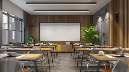 Modern presentation room with neatly arranged desks, comfortable chairs, and a whiteboard