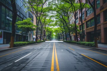 Fototapeta premium Empty city street with trees forming a tunnel over the road.