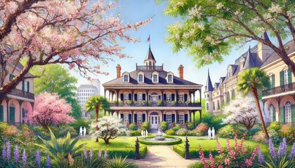 Obraz premium A spring day in Garden District of New Orleans, with historic mansion surrounded by vivid gardens and flowering trees.jpeg