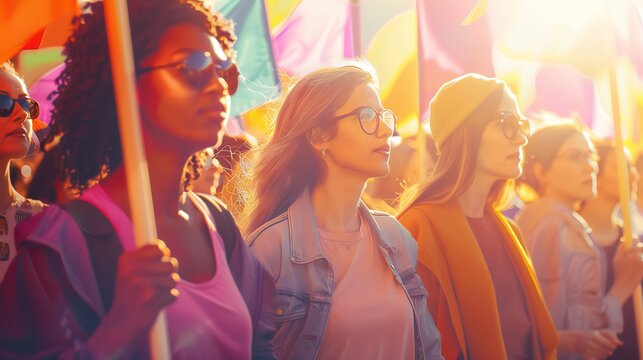 A diverse group of women marching together in a peaceful protest, holding banners advocating for equality and rights