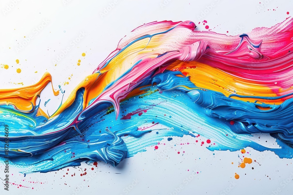Poster abstract splash of bright paint on a white background with ample space for text, perfect for creativ