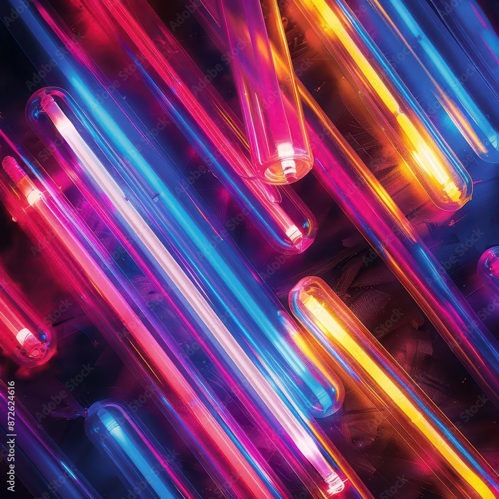 Aufkleber abstract composition of neon tubes in various shapes and colors on a dark background with ample spac