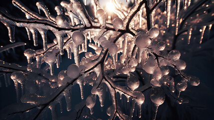  close-up view of tree branches covered in ice after a winter storm.